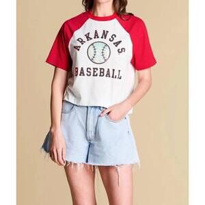 NEW STEWART SIMMONS dugout sequin short sleeve tee in red/white